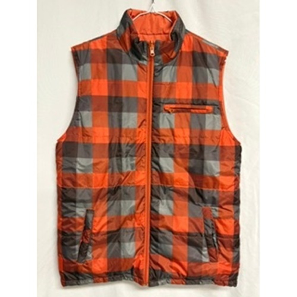 Route 66 Boys Reversible Puffer Vest XL 14/16 Orange Grey Buffalo Plaid Y2K